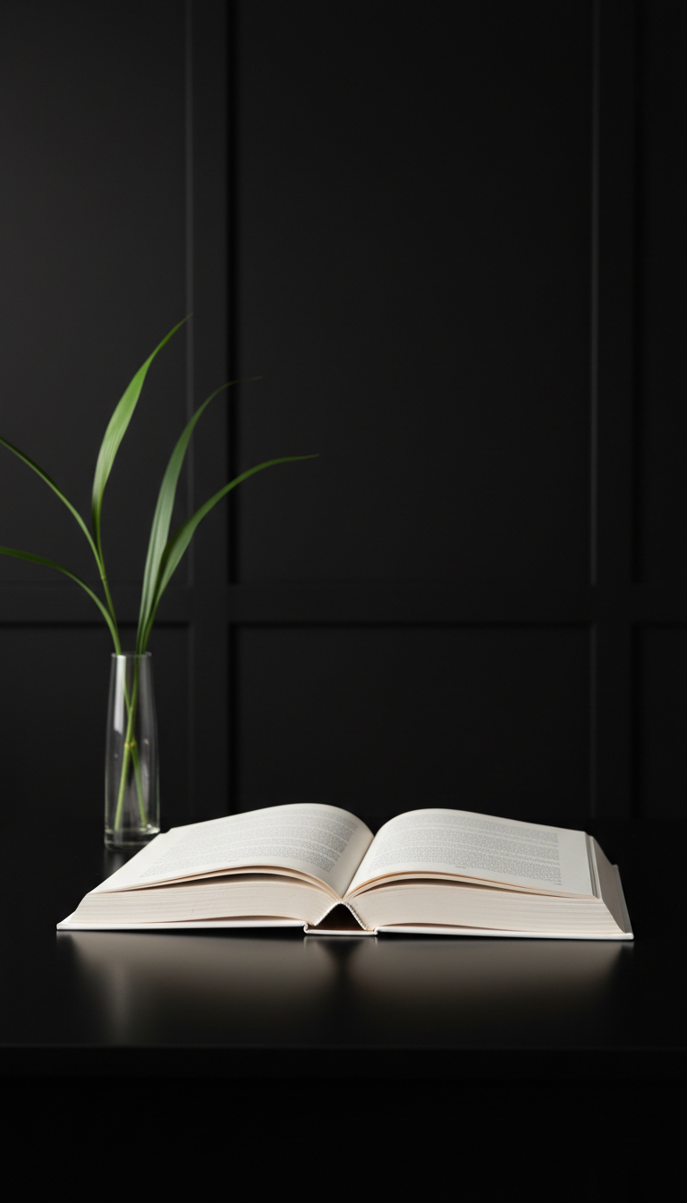 A single open hardcover book with thick, matte pages lying flat on a glossy black tabletop, its pristine white cover visible beneath. To the left, a minimal glass vase holds long, slender green leaves, providing a fresh touch of color. The setting is accented by balanced, diffused studio lighting from above, creating subtle highlights along the page edges and faint, crisp shadows under the book and vase. The composition uses structured negative space and a centered, symmetrical layout. The mood is serene yet purposeful, with a corporate, clean aesthetic that highlights the professionalism of the book review site.